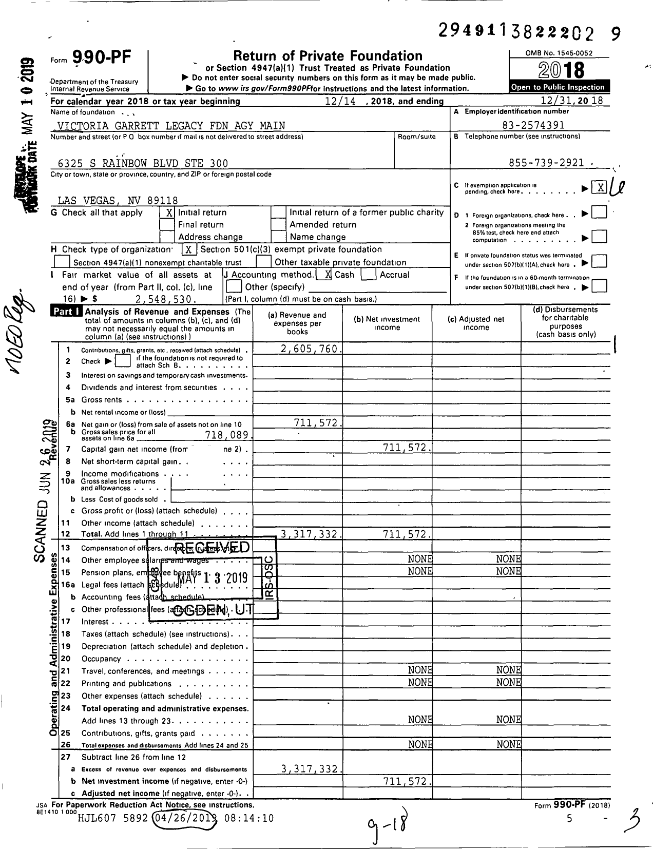 Image of first page of 2018 Form 990PF for Victoria Garrett Legacy Foundation