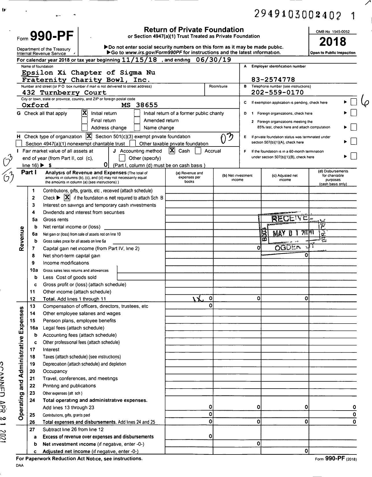 Image of first page of 2019 Form 990PF for Epsilon Xi Chapter of Sigma Nu Fraternity Charity Bowl