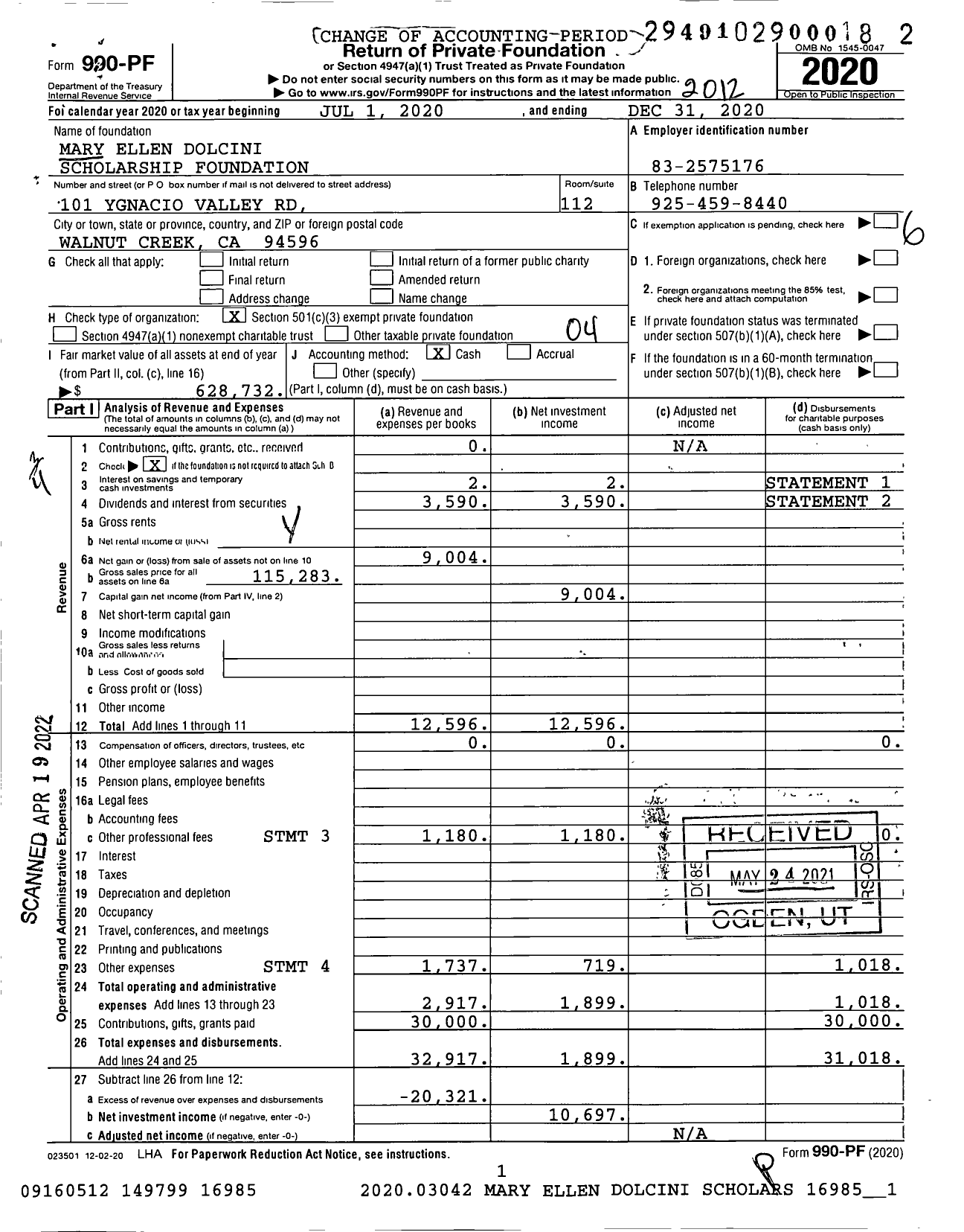 Image of first page of 2020 Form 990PF for Mary Ellen Dolcini Scholarship Foundation