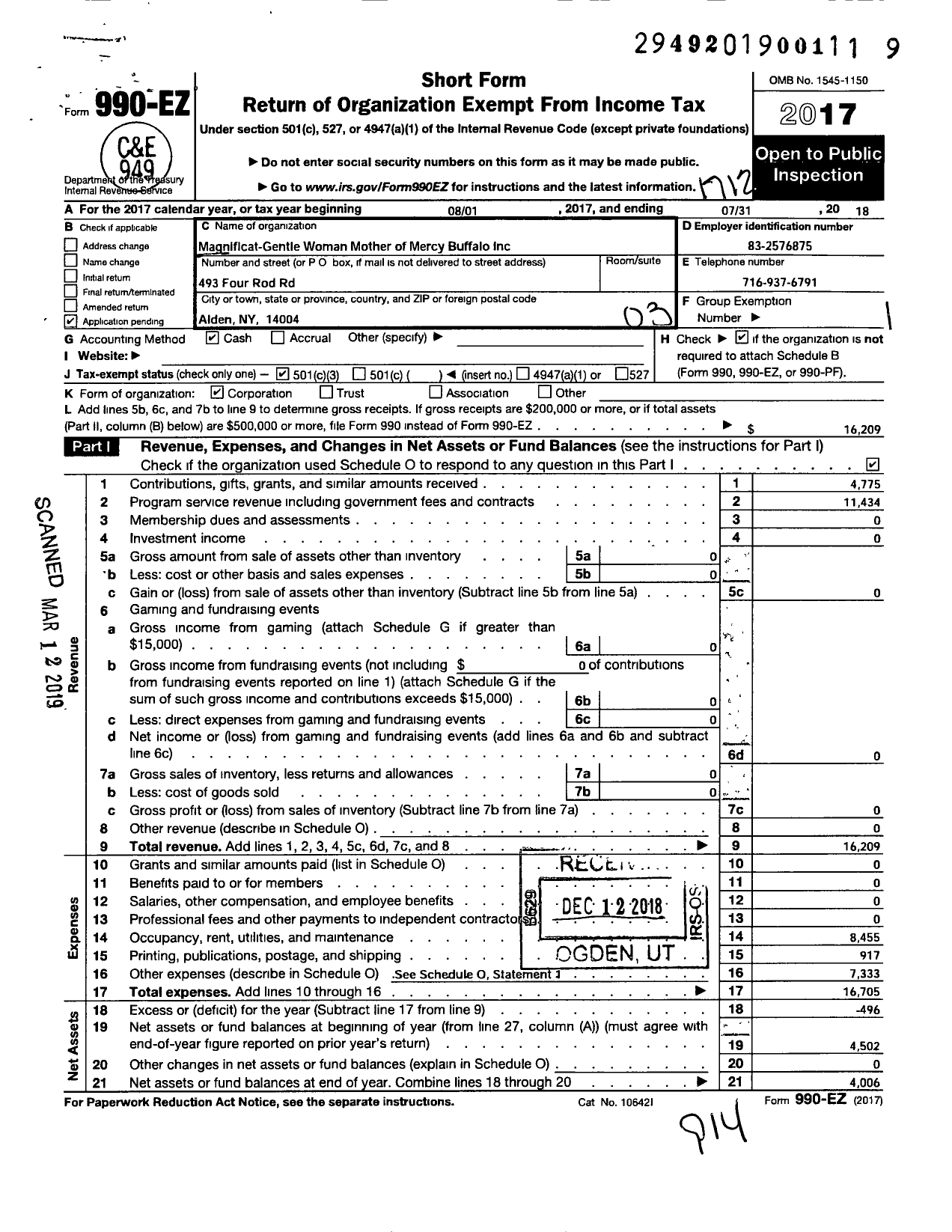 Image of first page of 2017 Form 990EZ for Magnificat Gentle Woman Mother of Buffalo