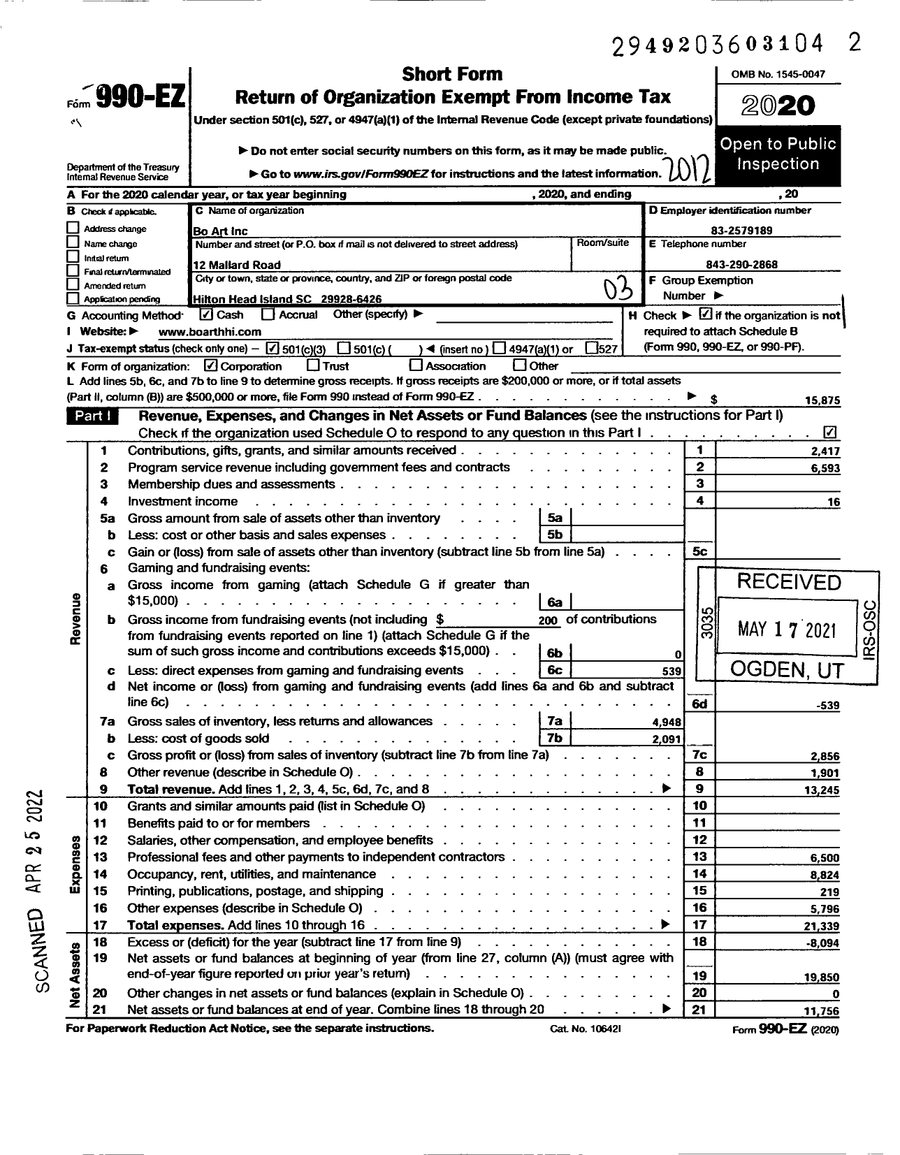 Image of first page of 2020 Form 990EZ for Bo Art