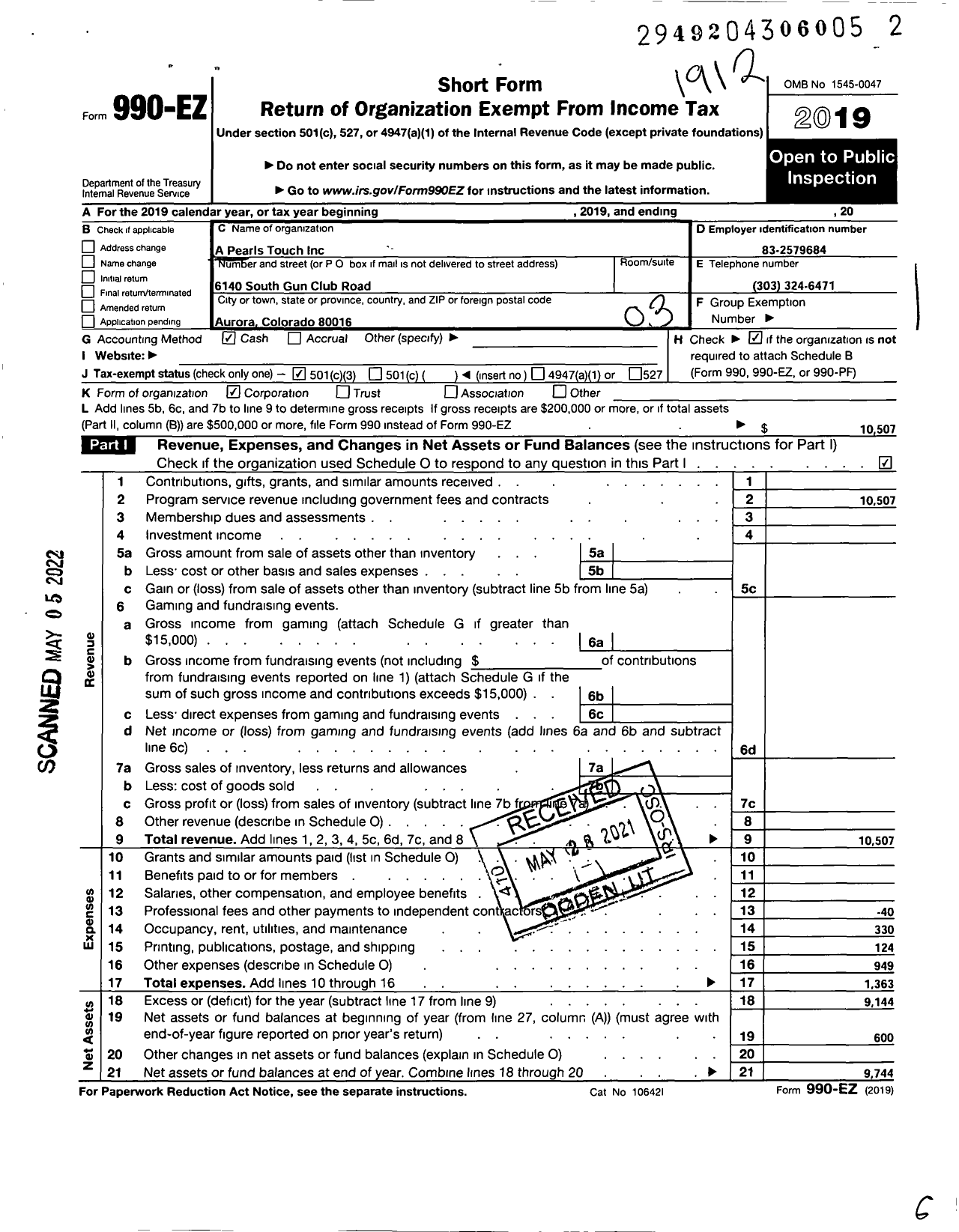 Image of first page of 2019 Form 990EZ for A Pearls Touch