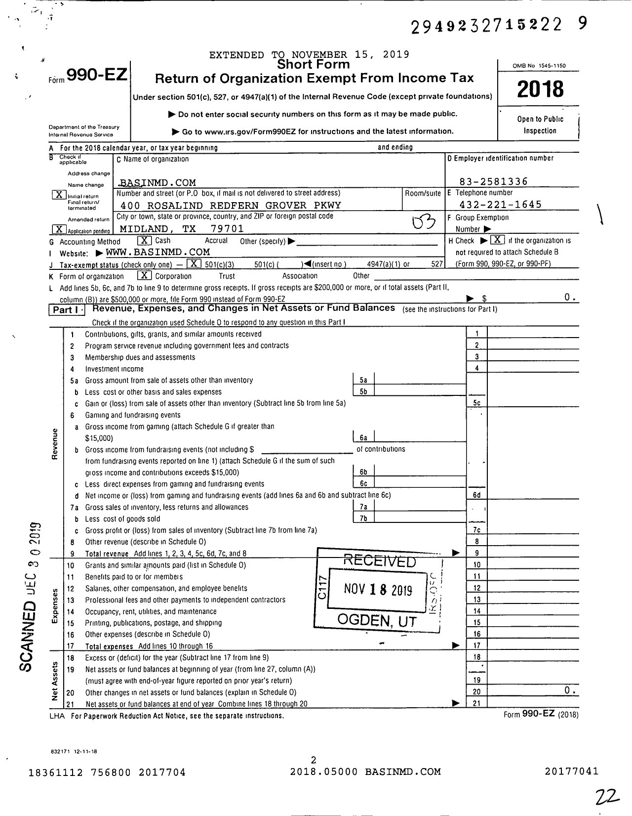 Image of first page of 2018 Form 990EZ for Basinmdcom