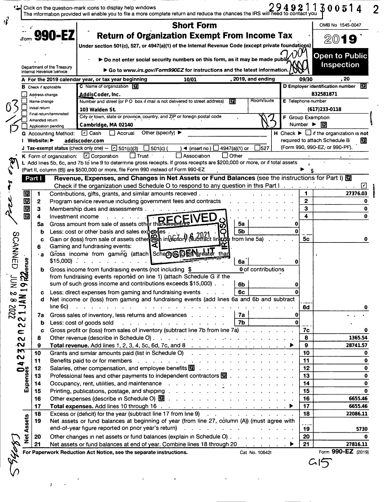 Image of first page of 2019 Form 990EZ for Addiscoder