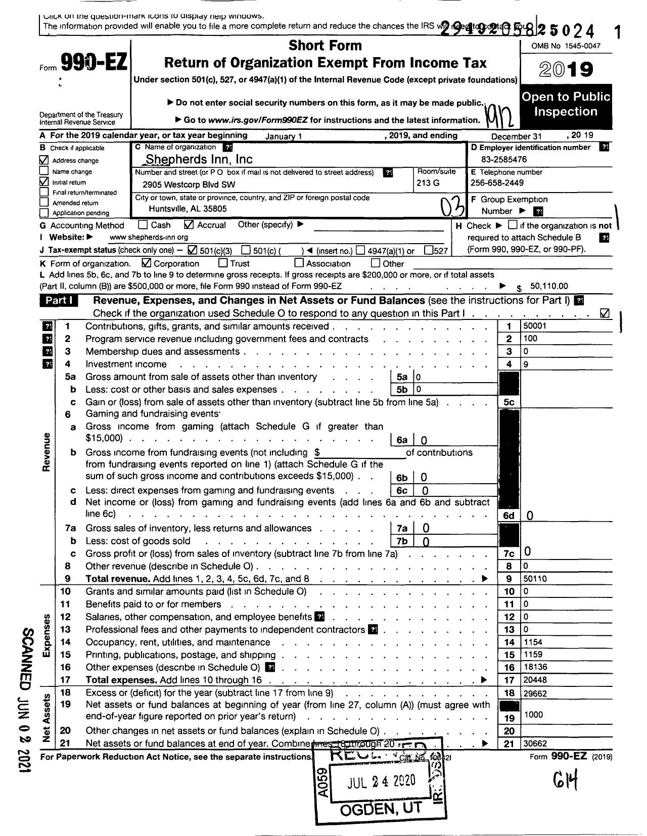 Image of first page of 2019 Form 990EZ for Shepherds Inn