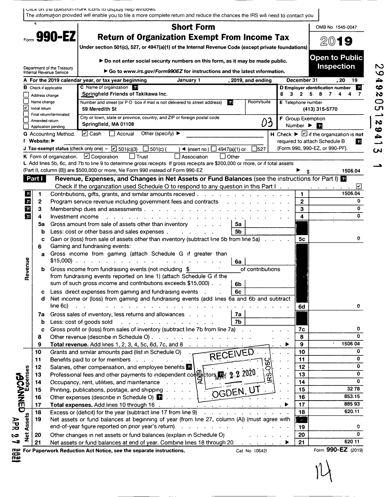 Image of first page of 2019 Form 990EZ for Springfield Friends of Takikawa