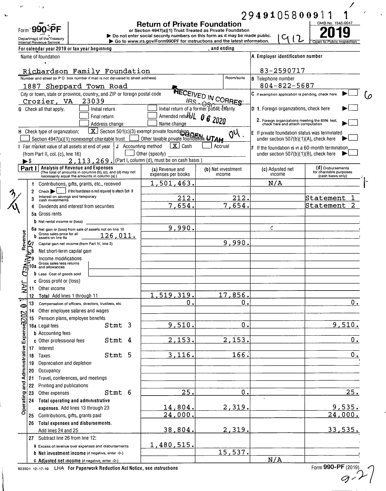 Image of first page of 2019 Form 990PF for Richardson Family Foundation