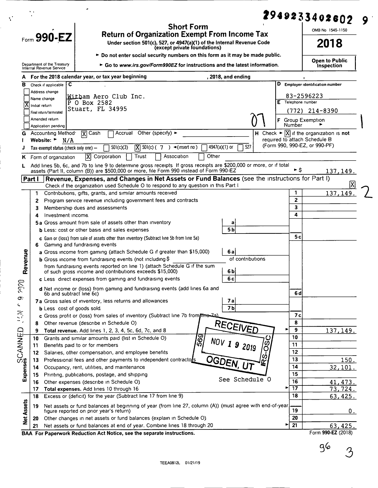 Image of first page of 2018 Form 990EO for Witham Aero Club