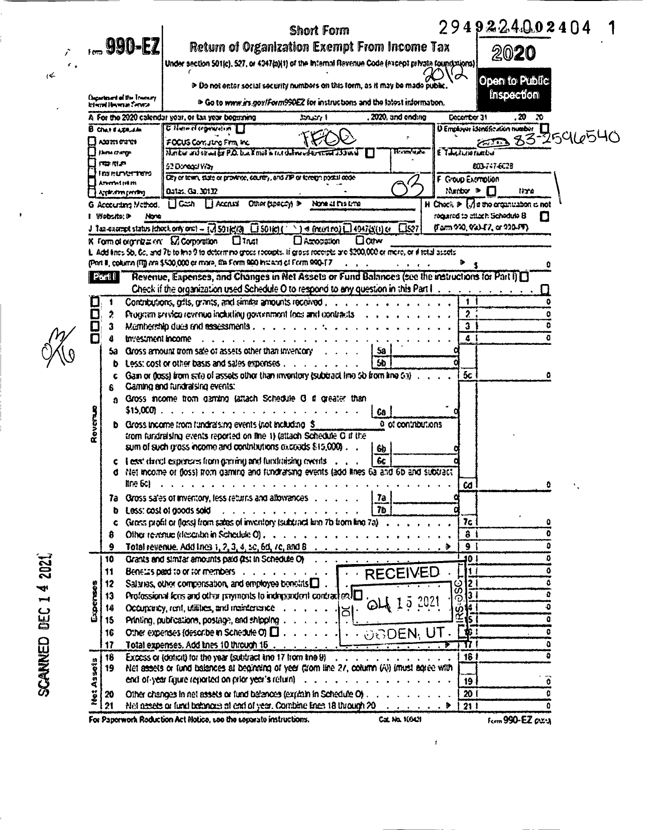 Image of first page of 2020 Form 990EZ for Ifocus Consulting Firm