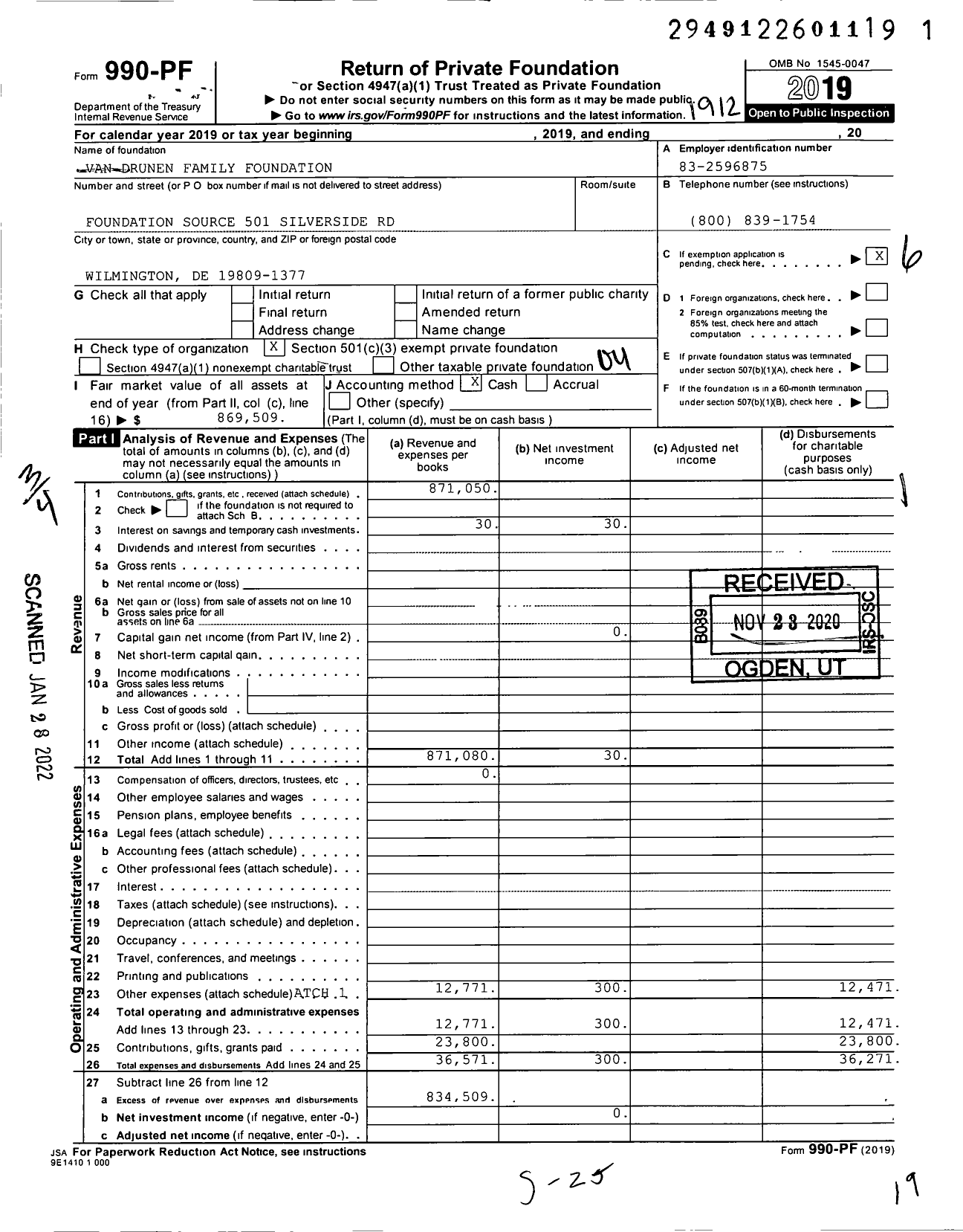 Image of first page of 2019 Form 990PF for Van Drunen Family Foundation