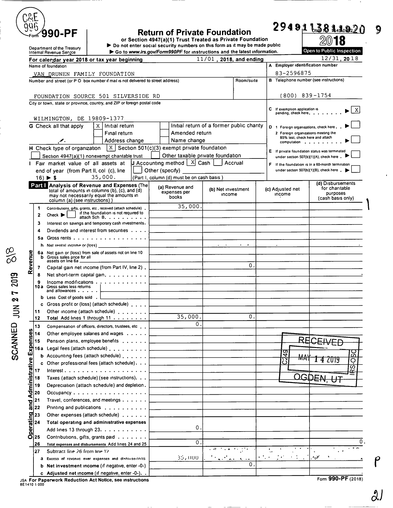 Image of first page of 2018 Form 990PF for Van Drunen Family Foundation