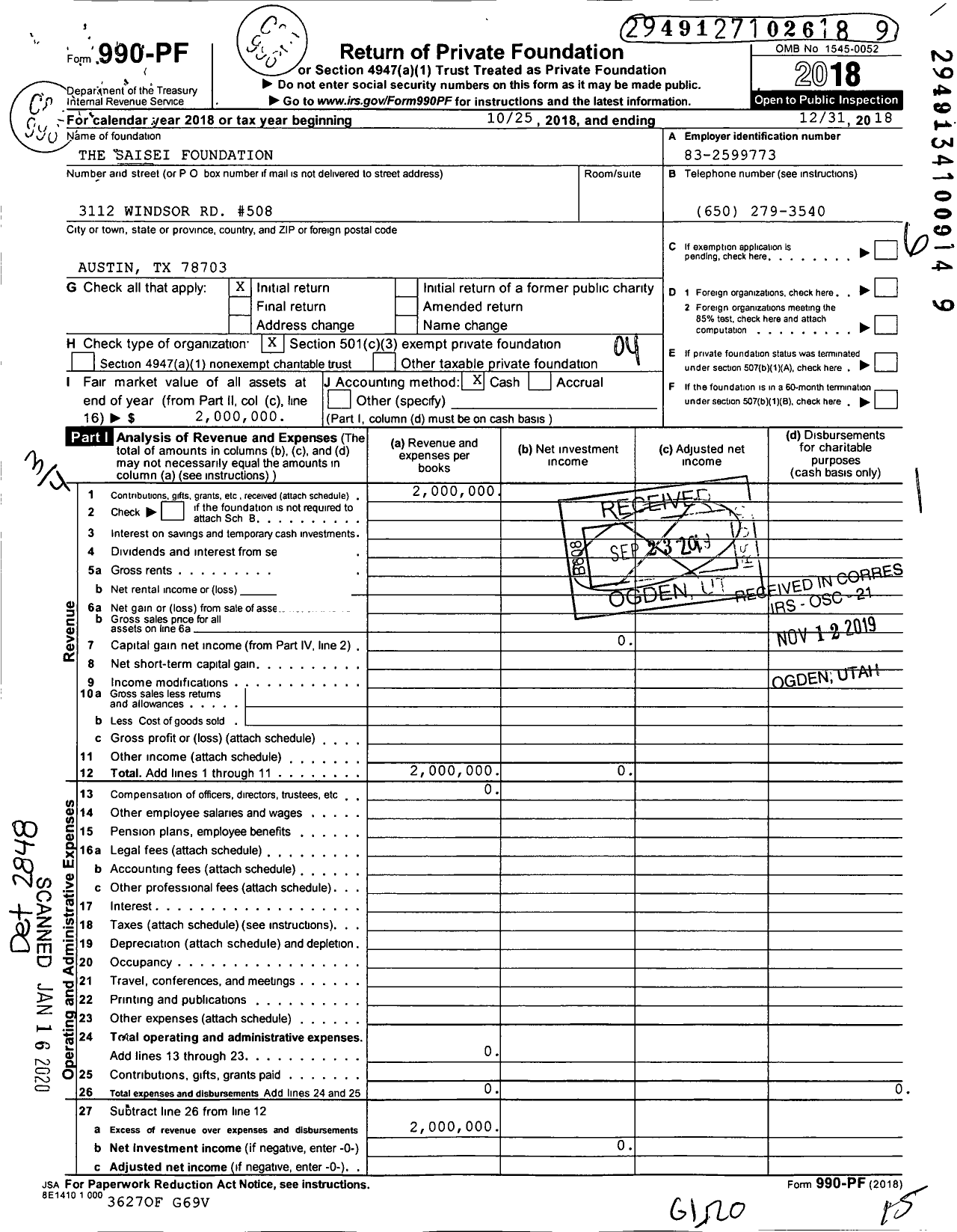 Image of first page of 2018 Form 990PF for The Saisei Foundation