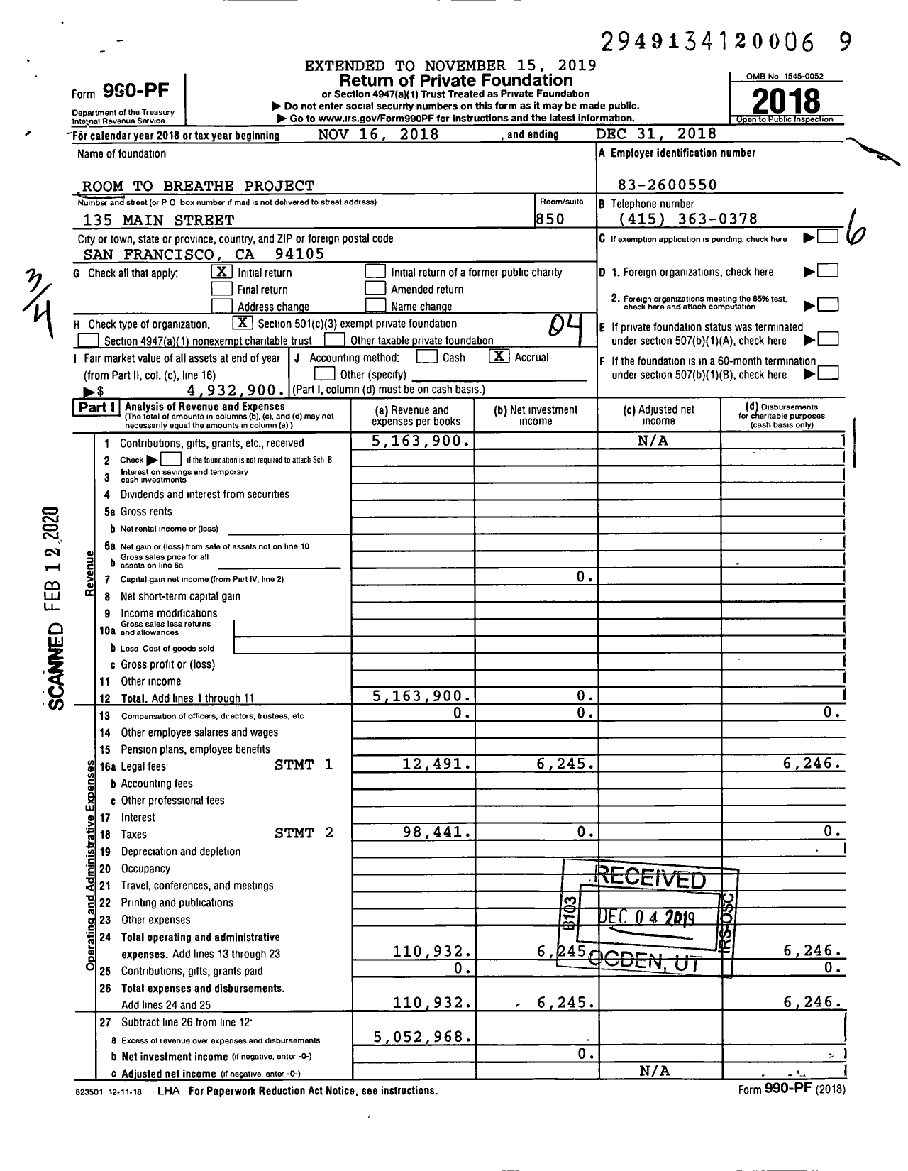 Image of first page of 2018 Form 990PF for Room To Breathe Project