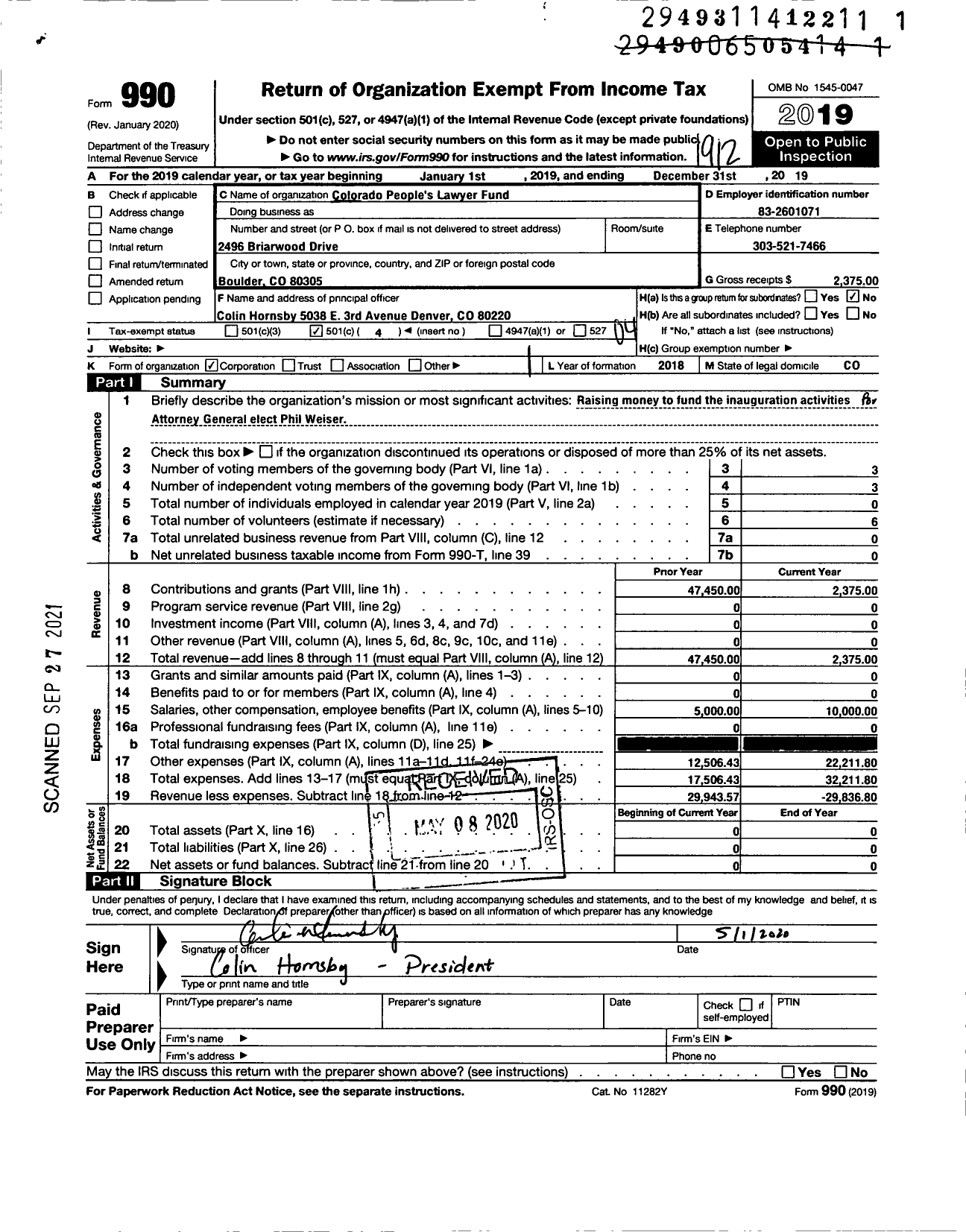 Image of first page of 2019 Form 990O for Colorado Peoples Lawyer Fund