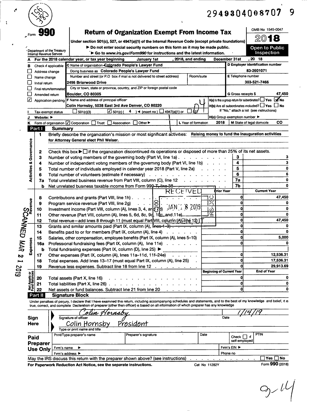 Image of first page of 2018 Form 990O for Colorado Peoples Lawyer Fund
