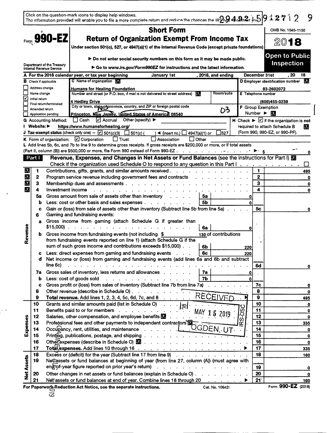 Image of first page of 2018 Form 990EZ for Humans for Healing Foundation