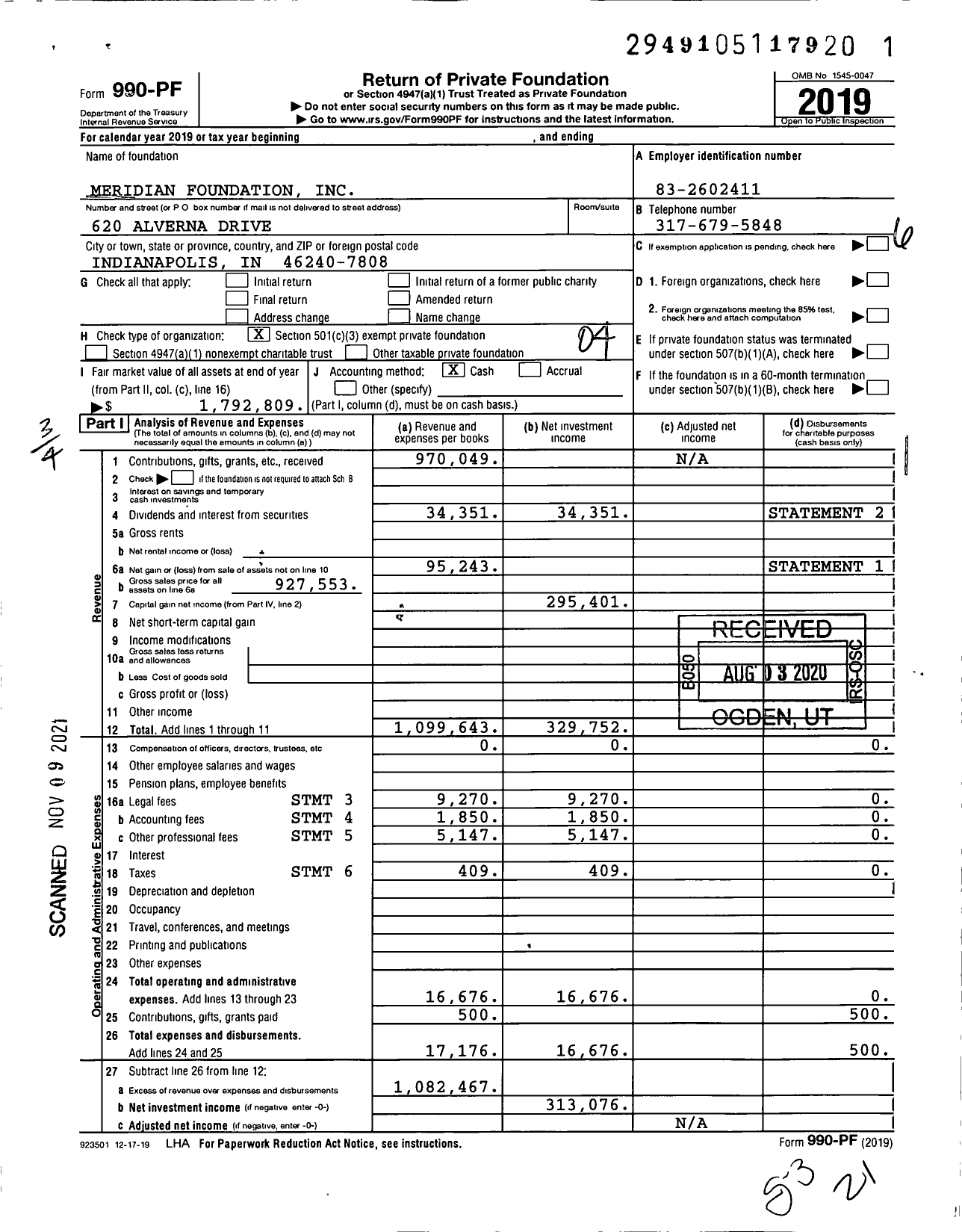 Image of first page of 2019 Form 990PF for Meridian Foundation