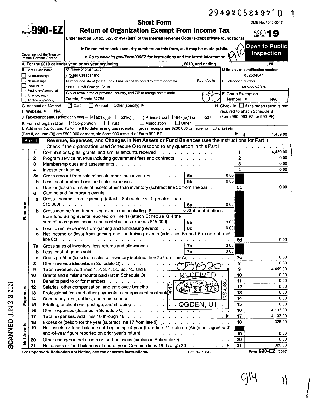 Image of first page of 2019 Form 990EZ for Projeto Crescer