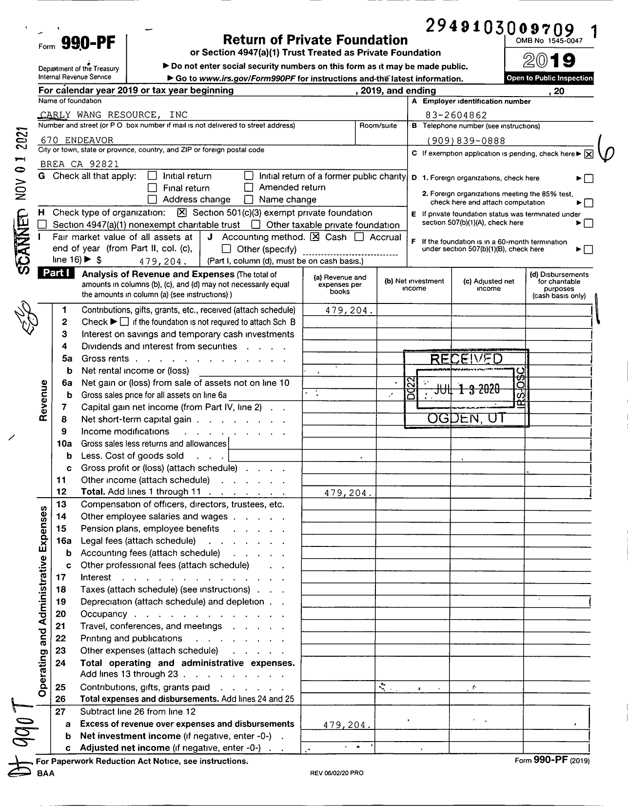 Image of first page of 2019 Form 990PF for Carly Wang Resource