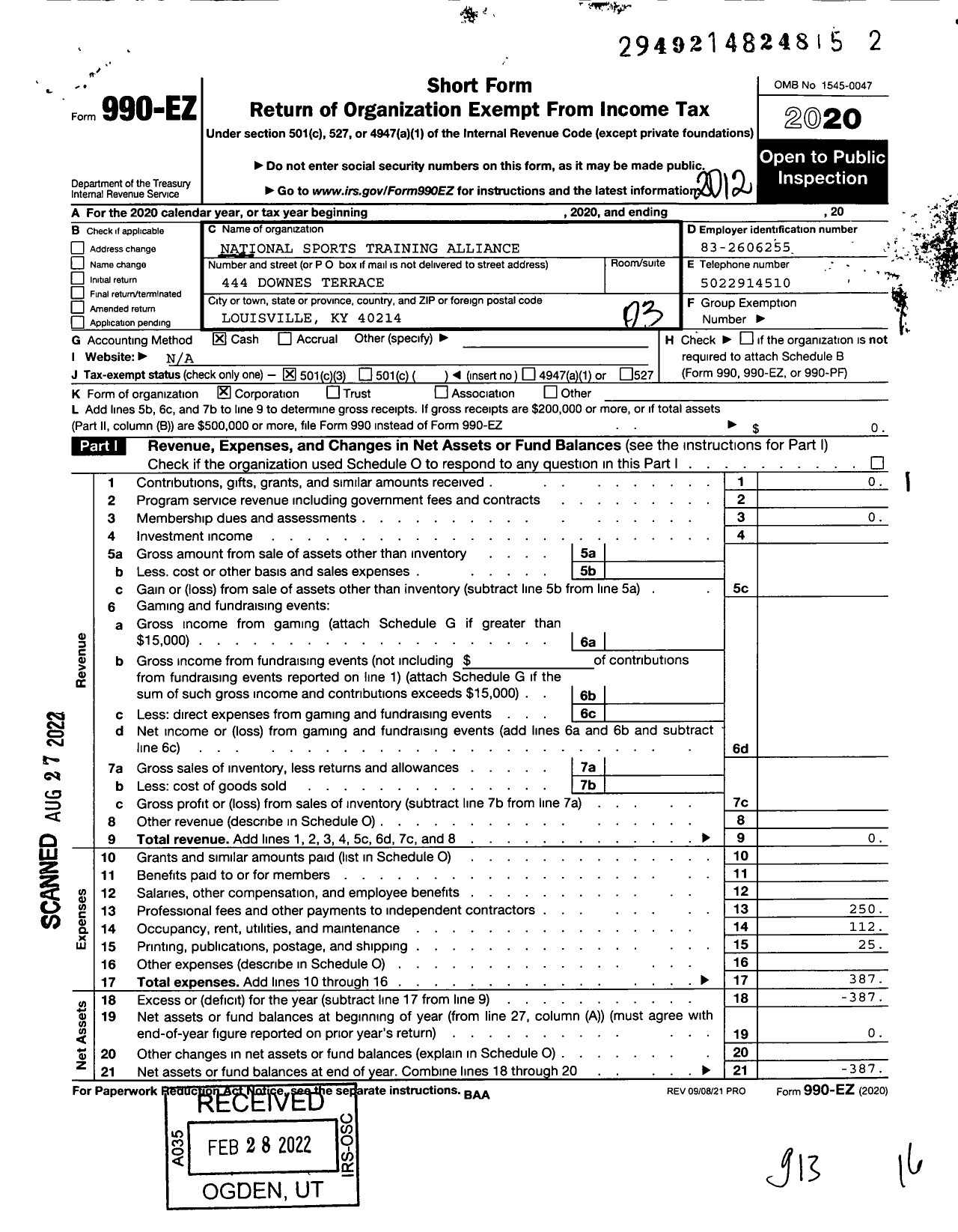 Image of first page of 2020 Form 990EZ for National Sports Training Alliance