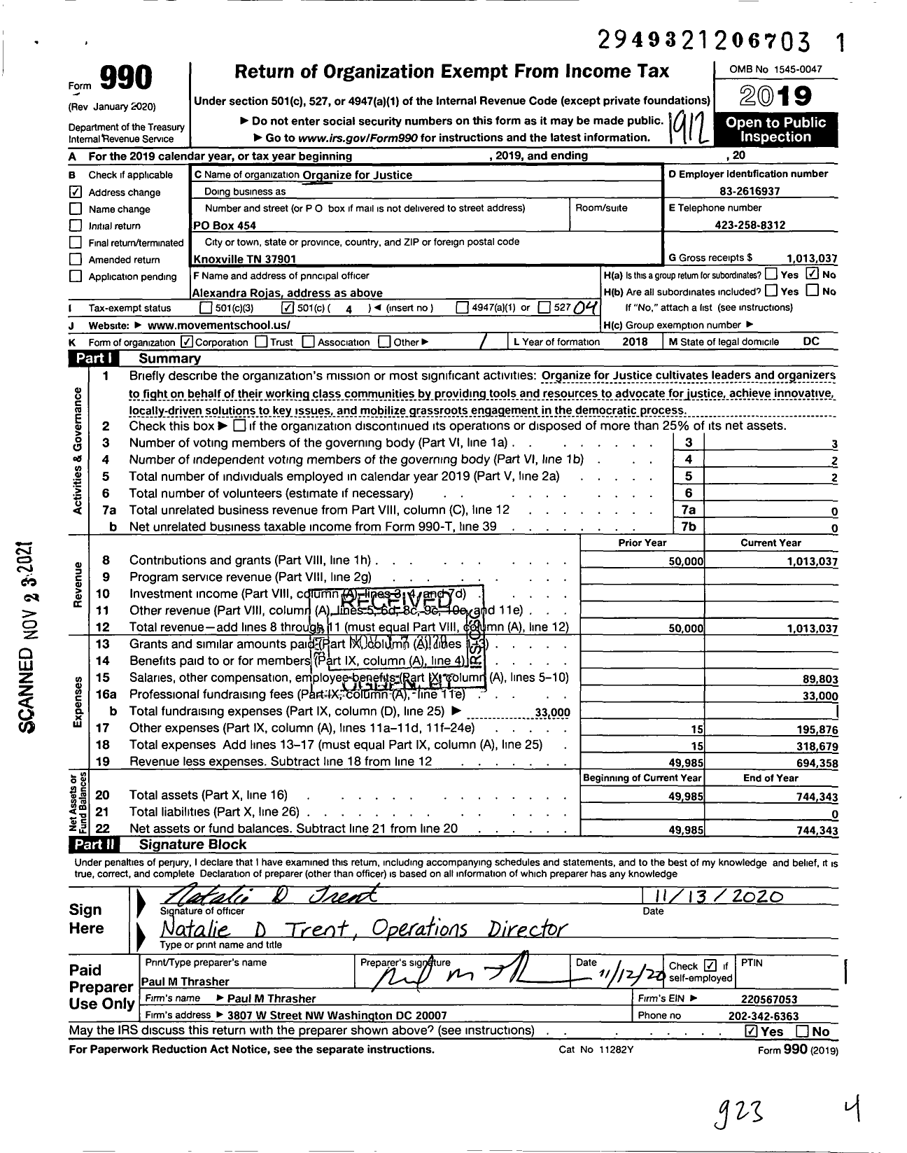 Image of first page of 2019 Form 990O for Organize for Justice