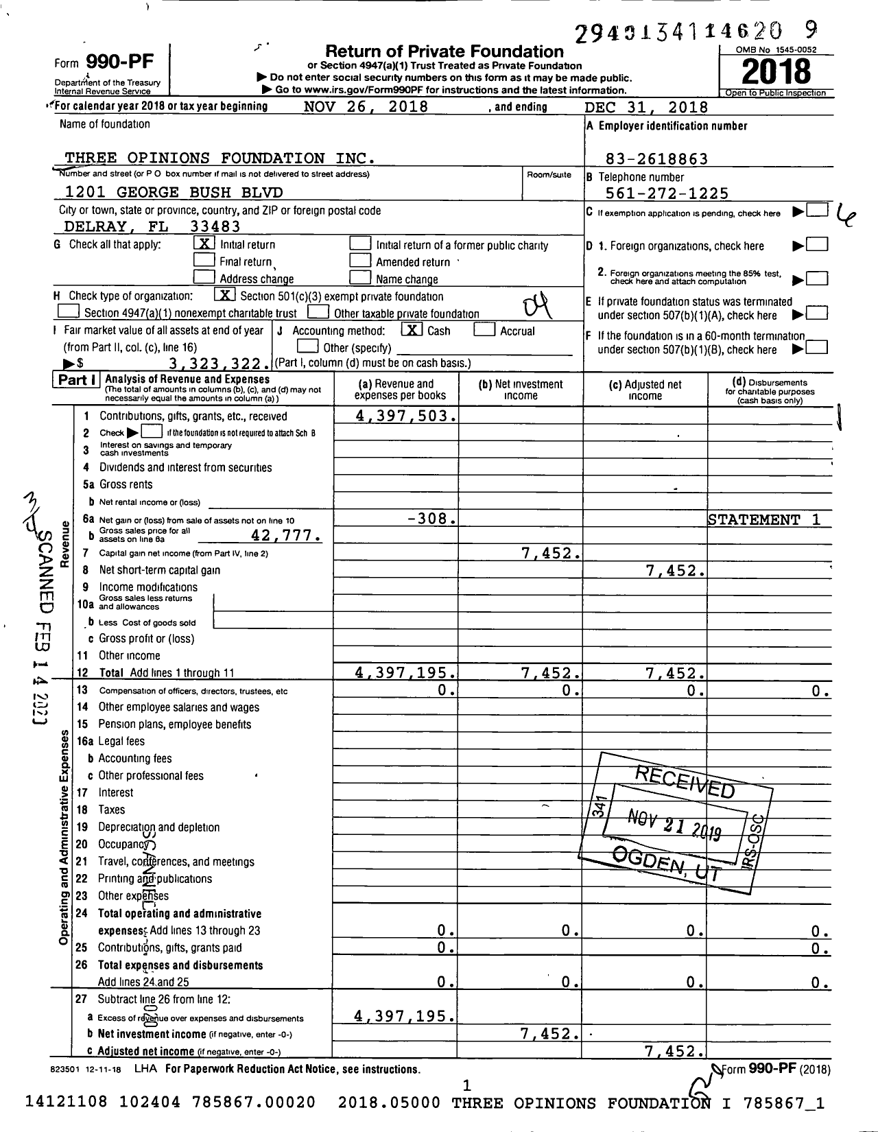 Image of first page of 2018 Form 990PF for Three Opinions Foundation