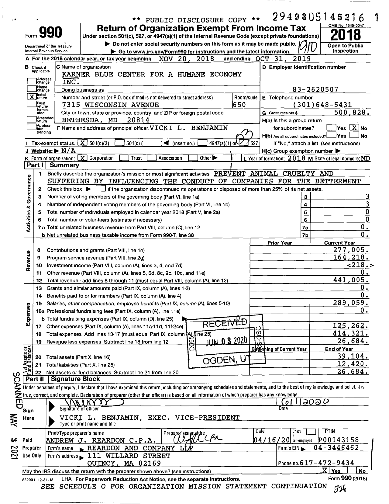 Image of first page of 2018 Form 990 for Center for A Humane Economy