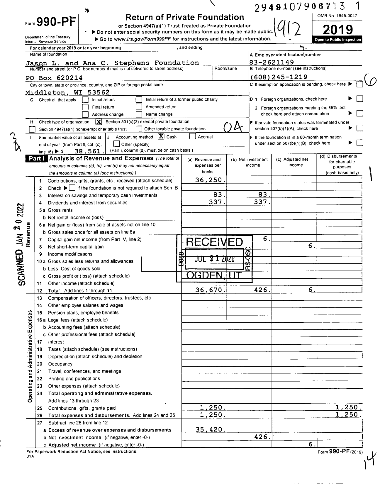 Image of first page of 2019 Form 990PF for Jason L and Ana C Stephens Foundation