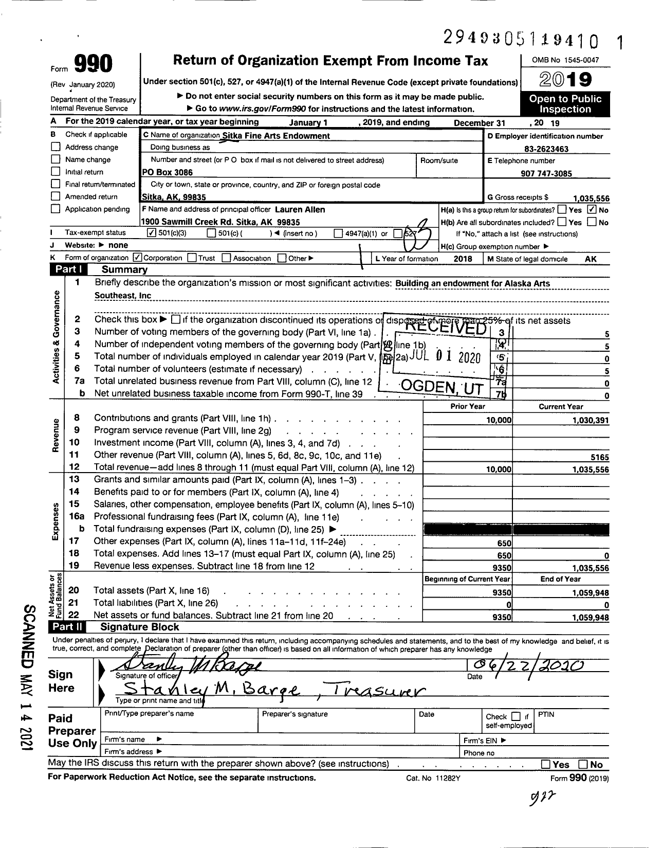 Image of first page of 2019 Form 990 for Sitka Fine Arts Endowment