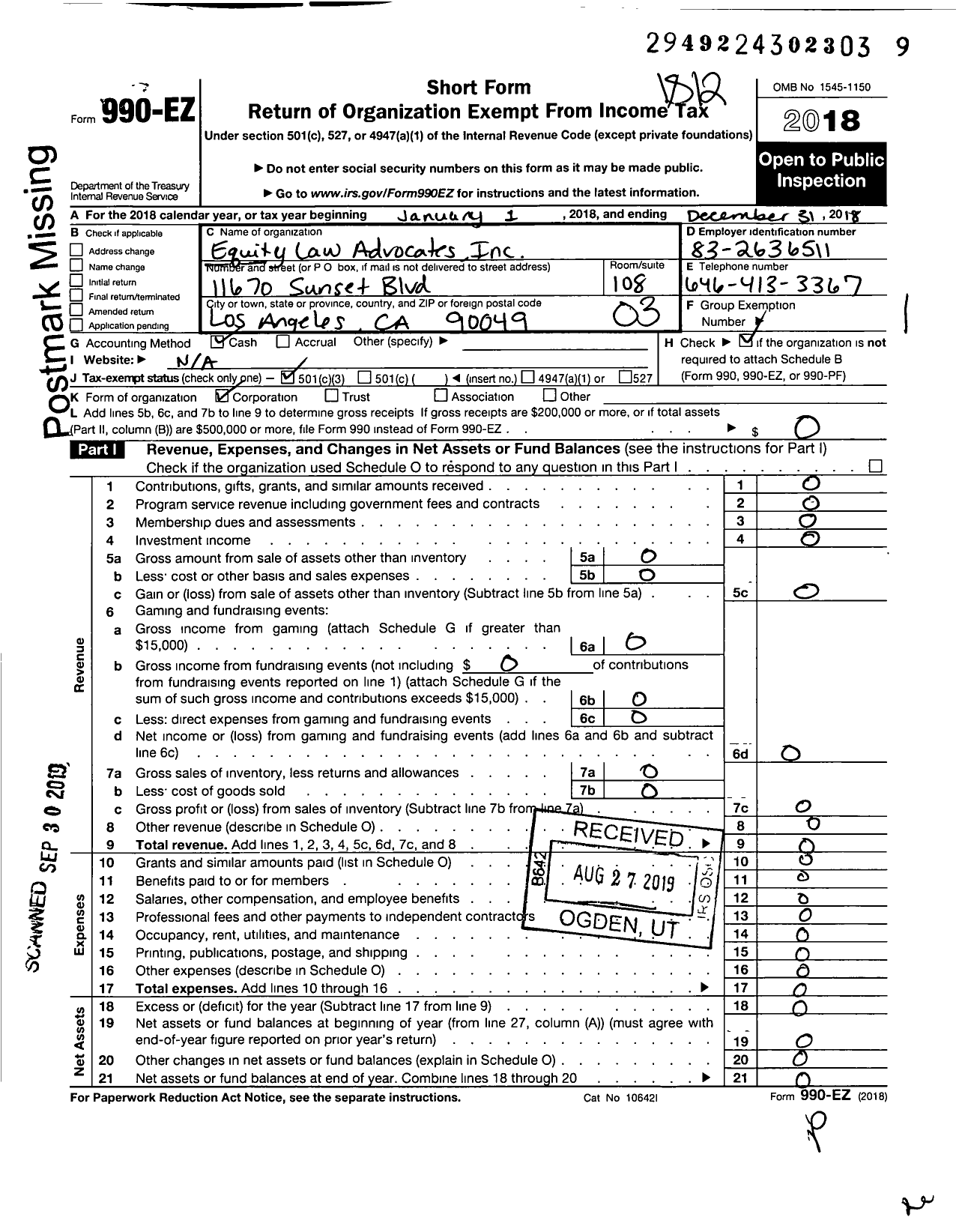 Image of first page of 2018 Form 990EZ for Equity Law Advocates