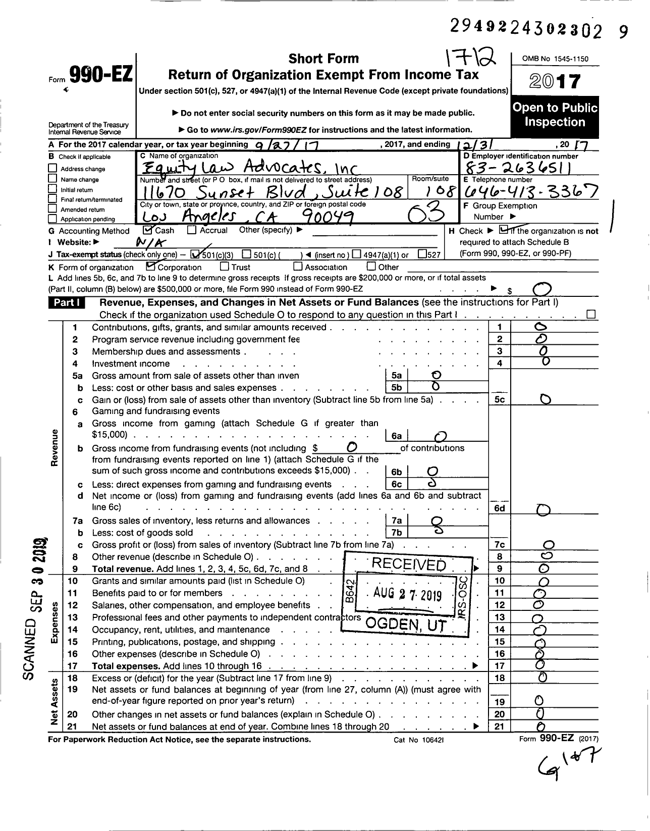 Image of first page of 2017 Form 990EZ for Equity Law Advocates