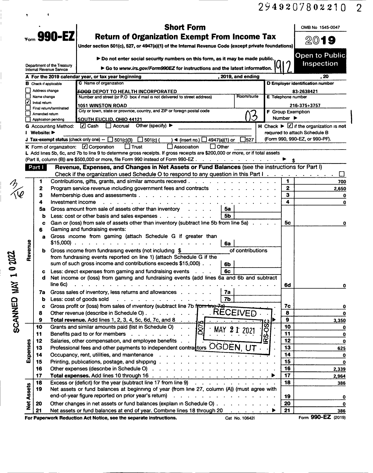 Image of first page of 2019 Form 990EZ for Food Depot To Health Incorporated