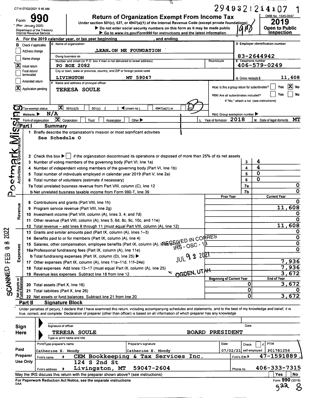 Image of first page of 2019 Form 990 for Lean on Me Foundation