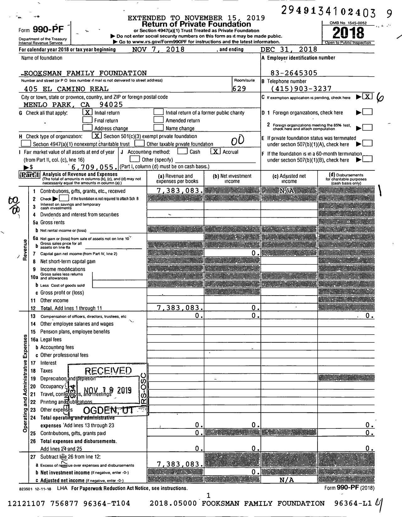 Image of first page of 2018 Form 990PF for Fooksman Family Foundation