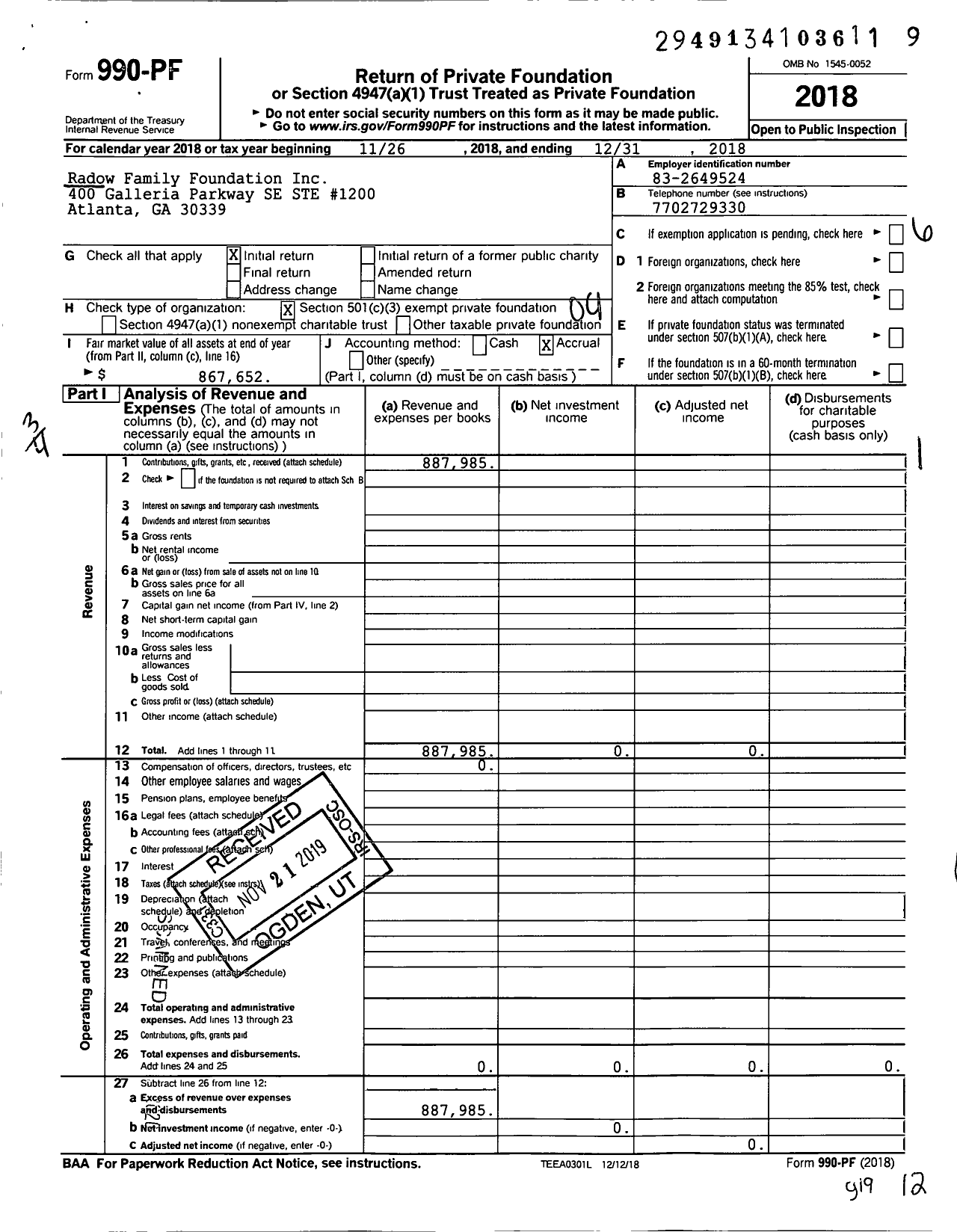 Image of first page of 2018 Form 990PF for Radow Family Foundation