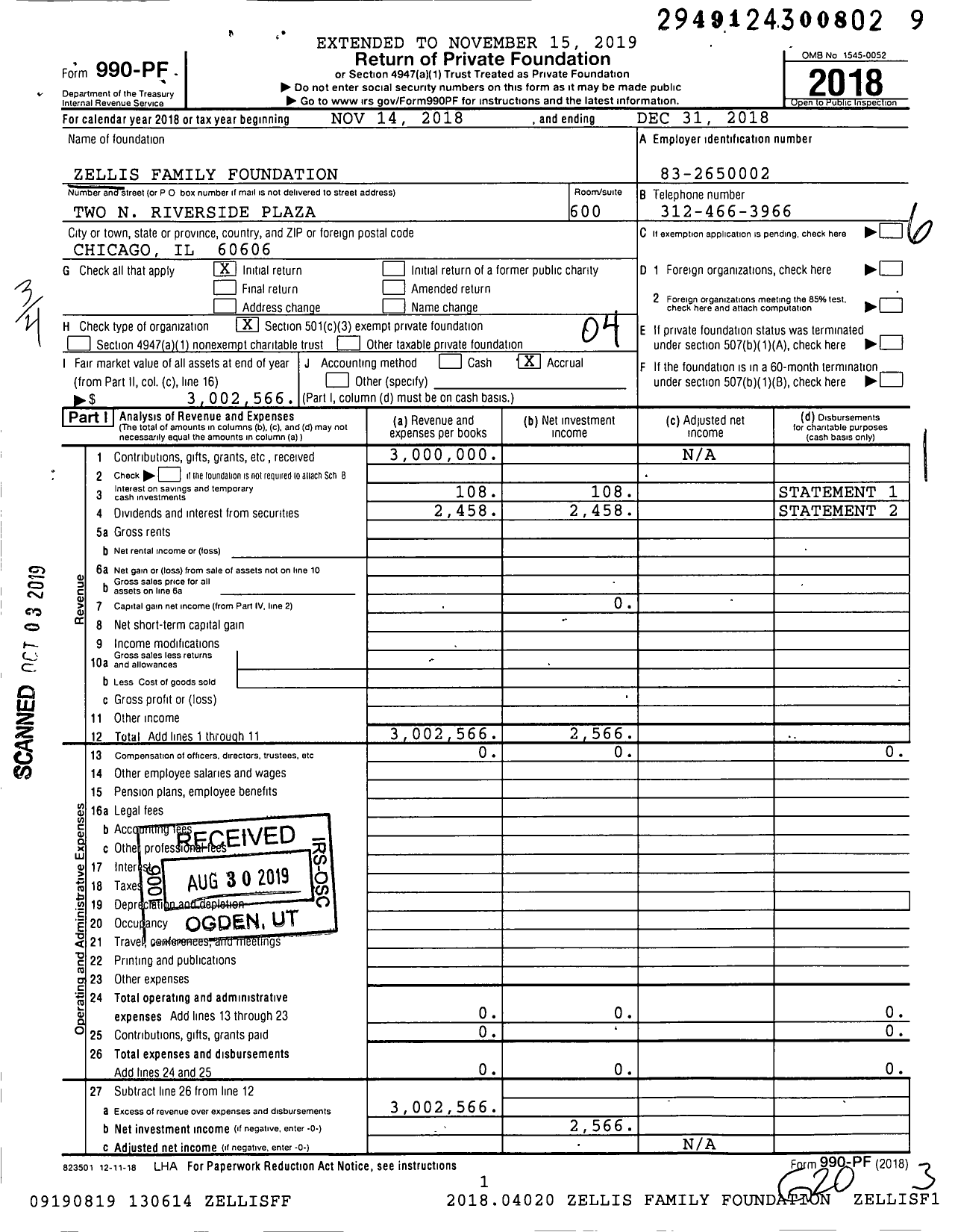 Image of first page of 2018 Form 990PF for Zellis Family Foundation