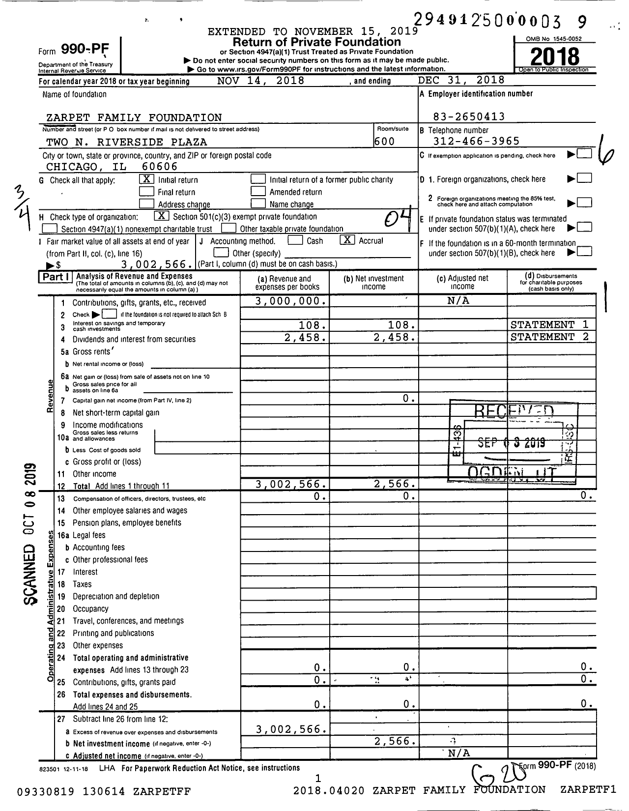 Image of first page of 2018 Form 990PF for Zarpet Family Foundation