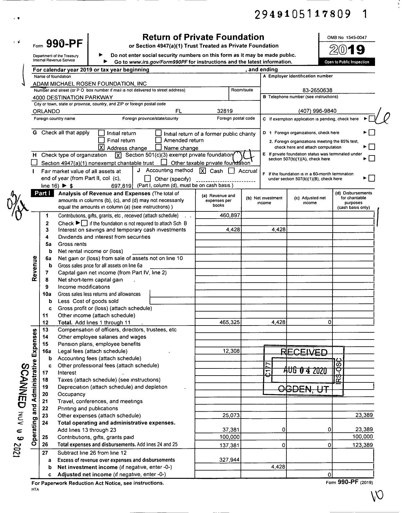 Image of first page of 2019 Form 990PF for Adam Michael Rosen Foundation