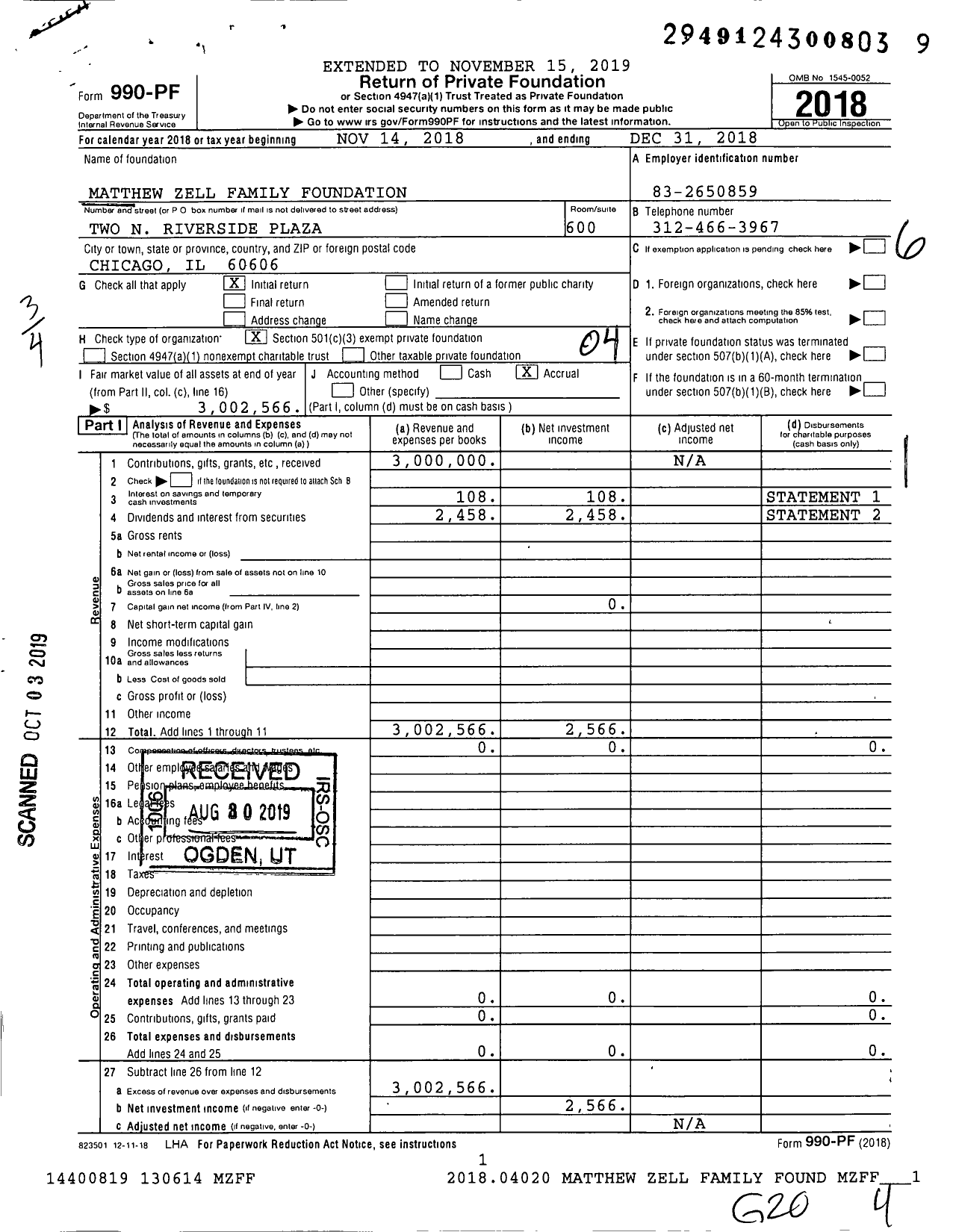 Image of first page of 2018 Form 990PF for Matthew Zell Family Foundation