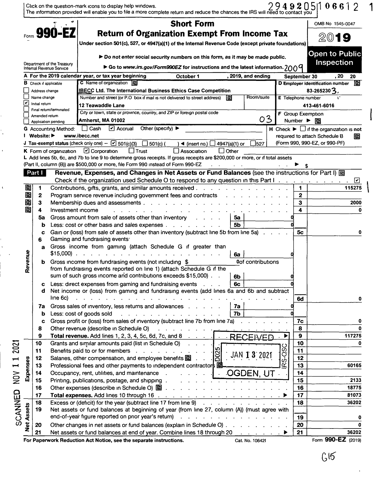 Image of first page of 2019 Form 990EZ for IBECC Ltd The International Business Ethics Case Competition