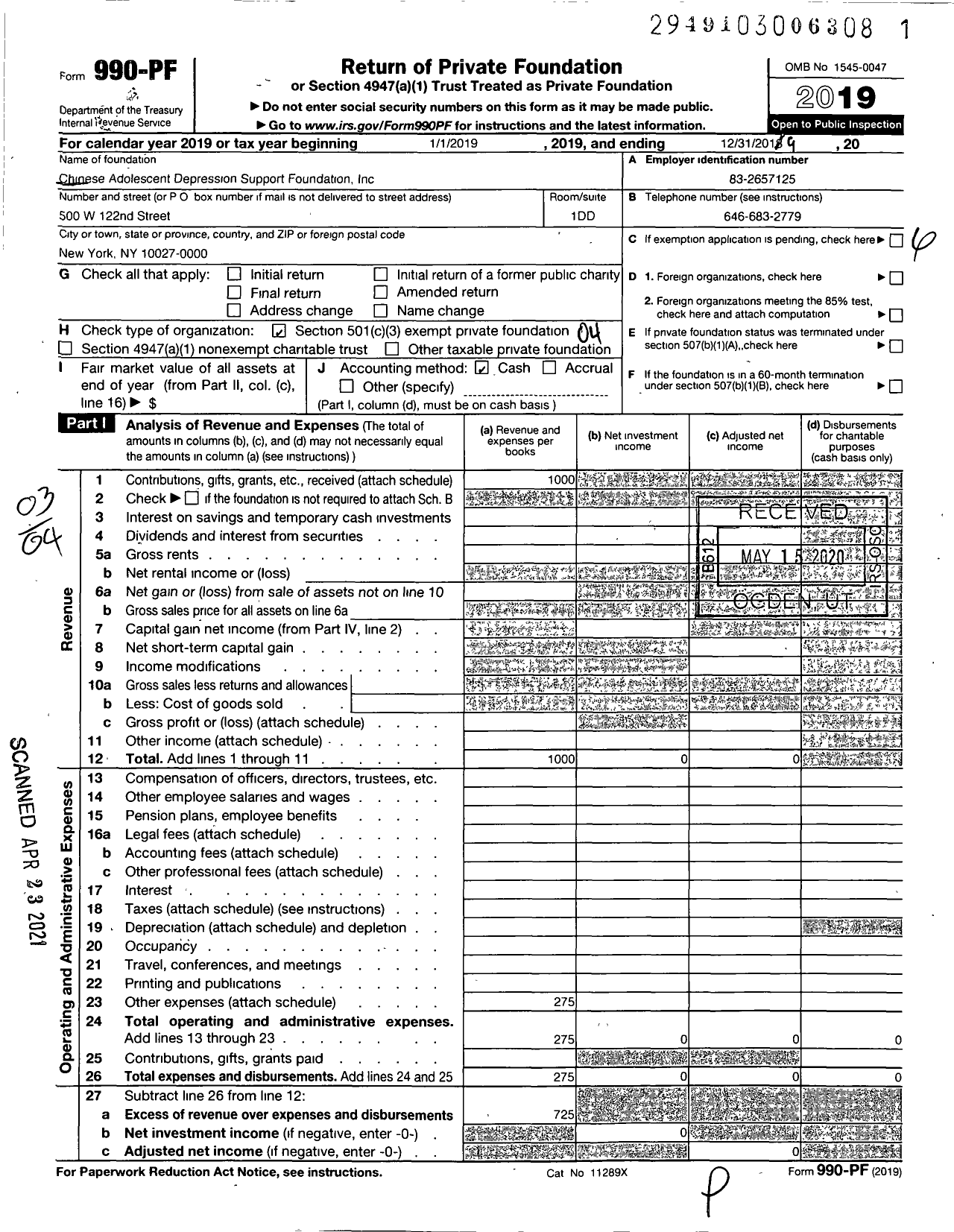 Image of first page of 2019 Form 990PF for Chinese Adolescent Depression Support Foundation