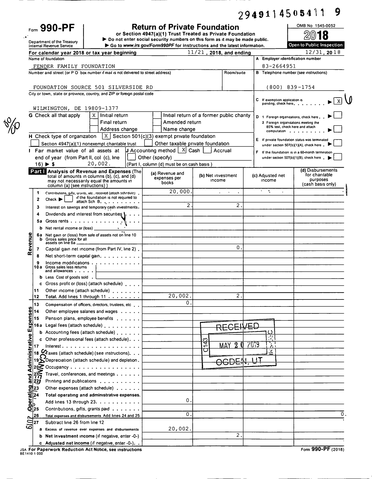 Image of first page of 2018 Form 990PF for Fender Family Foundation