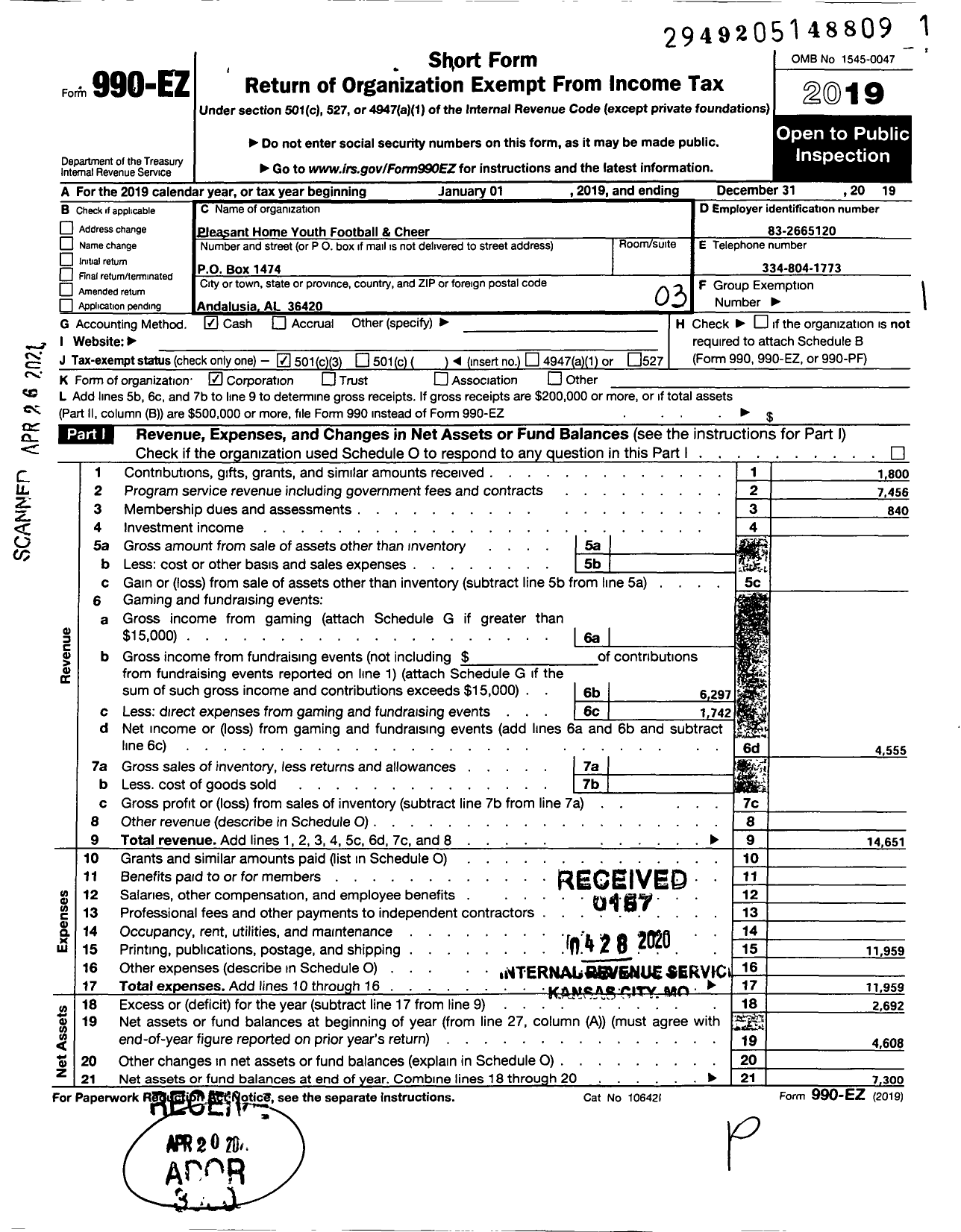 Image of first page of 2019 Form 990EZ for Pleasant Home Youth Football and Cheer