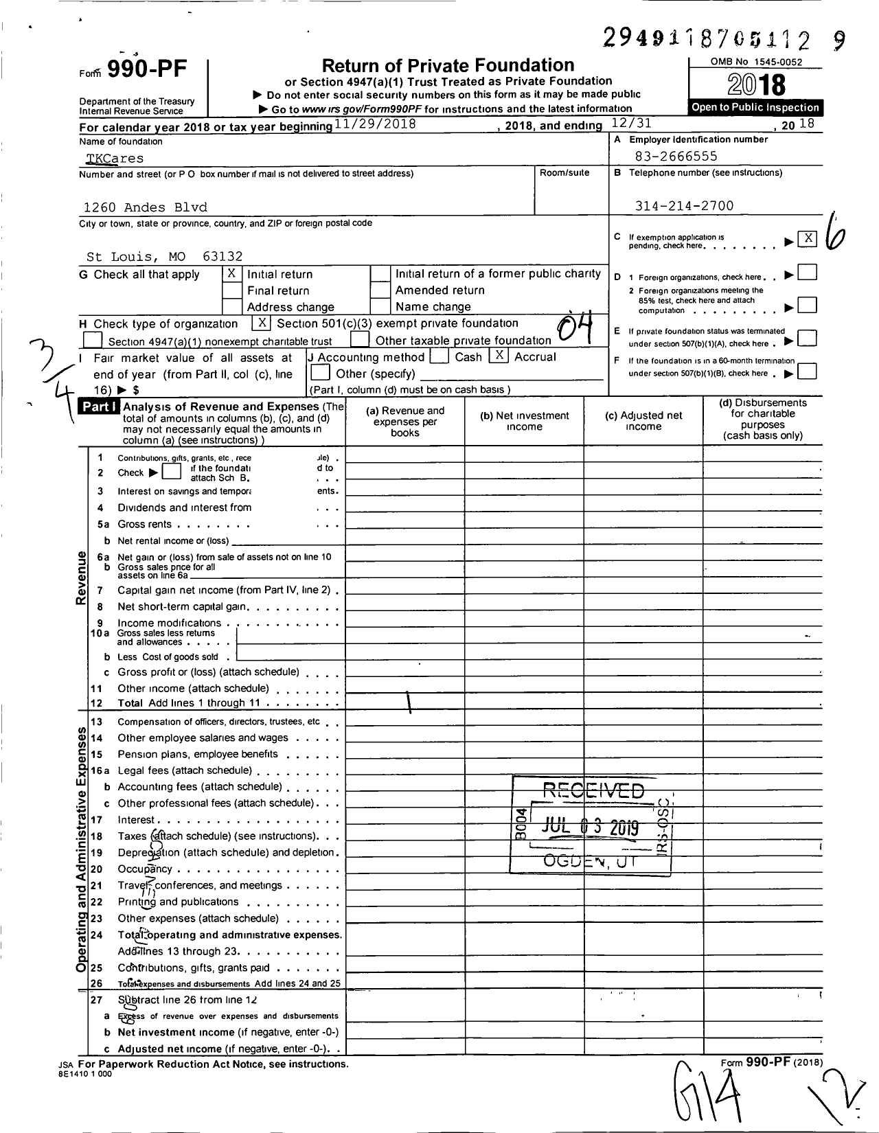 Image of first page of 2018 Form 990PF for TKCares