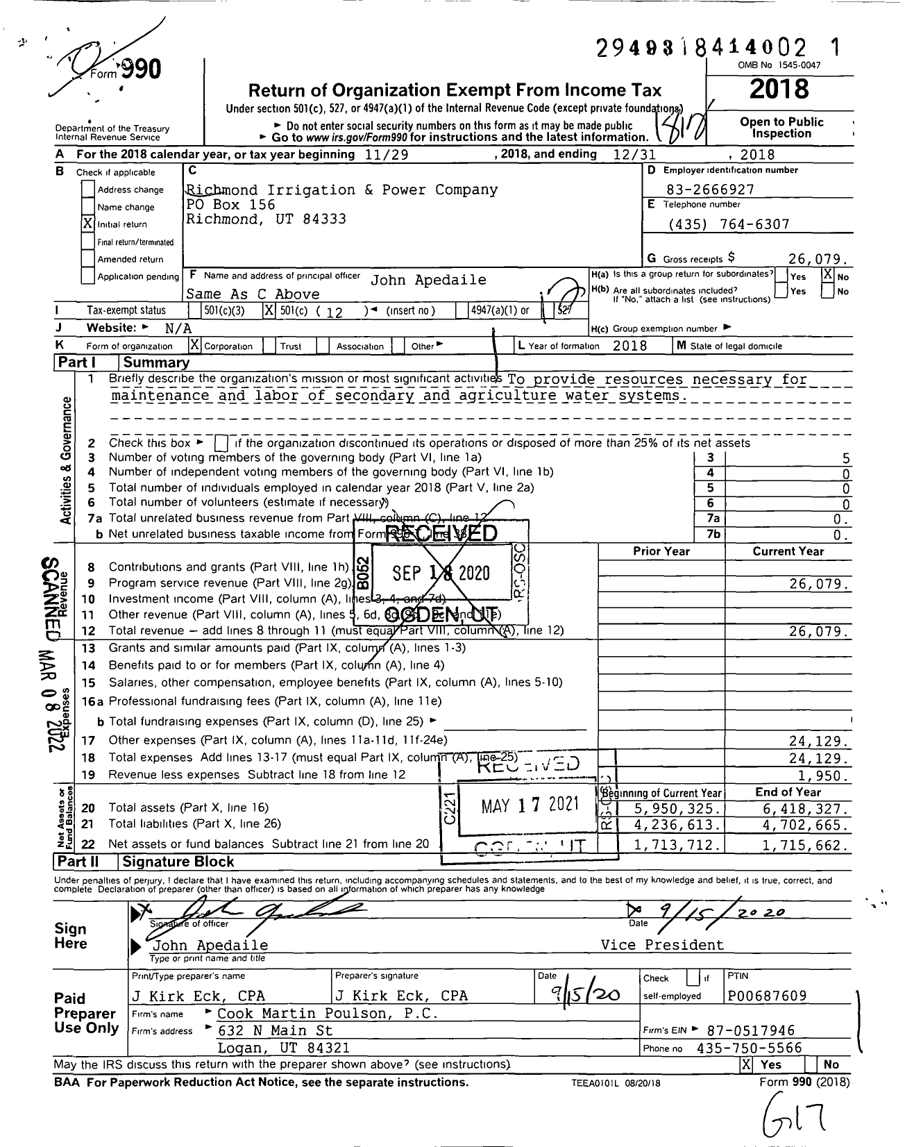 Image of first page of 2018 Form 990O for Richmond Irrigation and Power Company