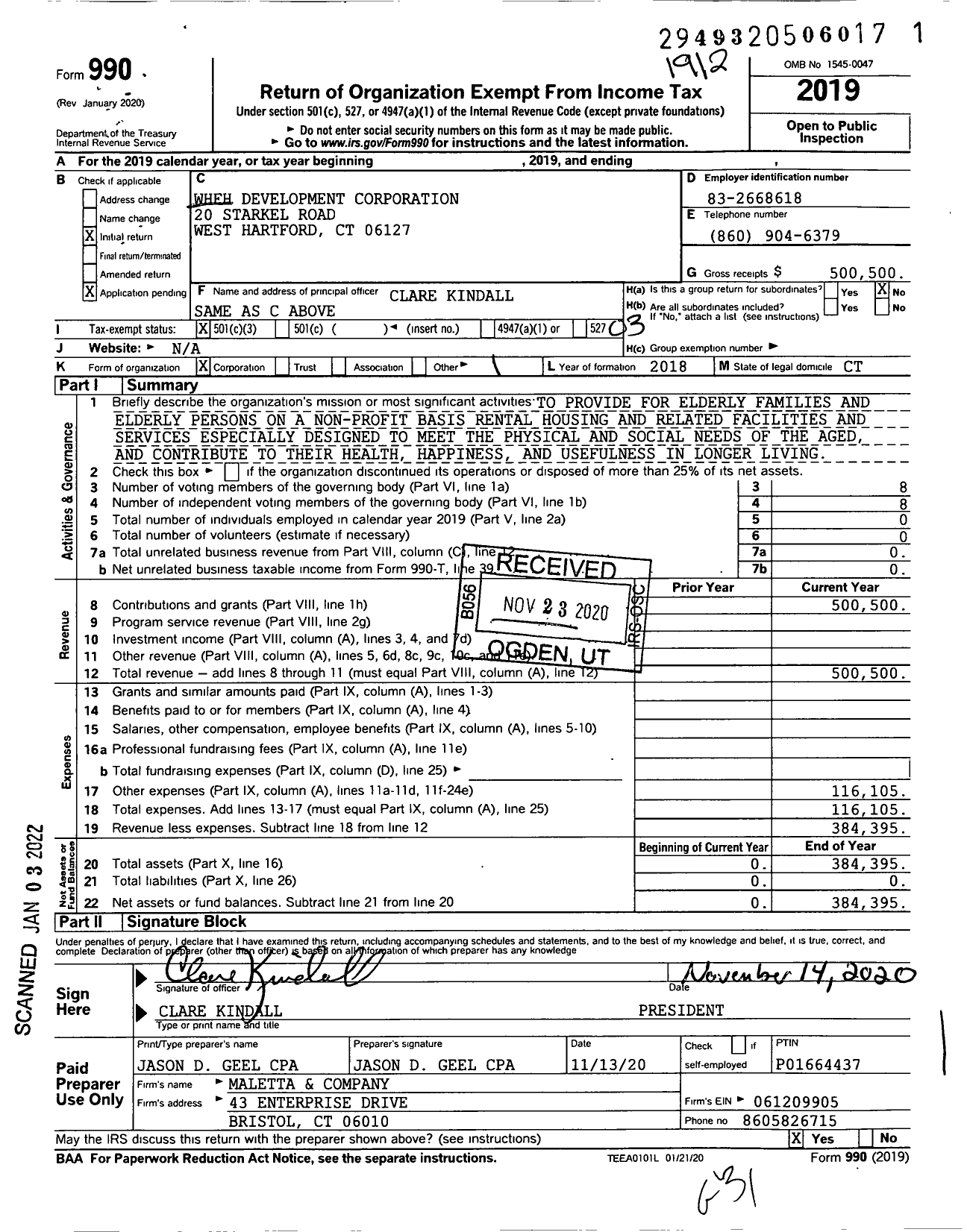 Image of first page of 2019 Form 990 for WHFH Development Corporation