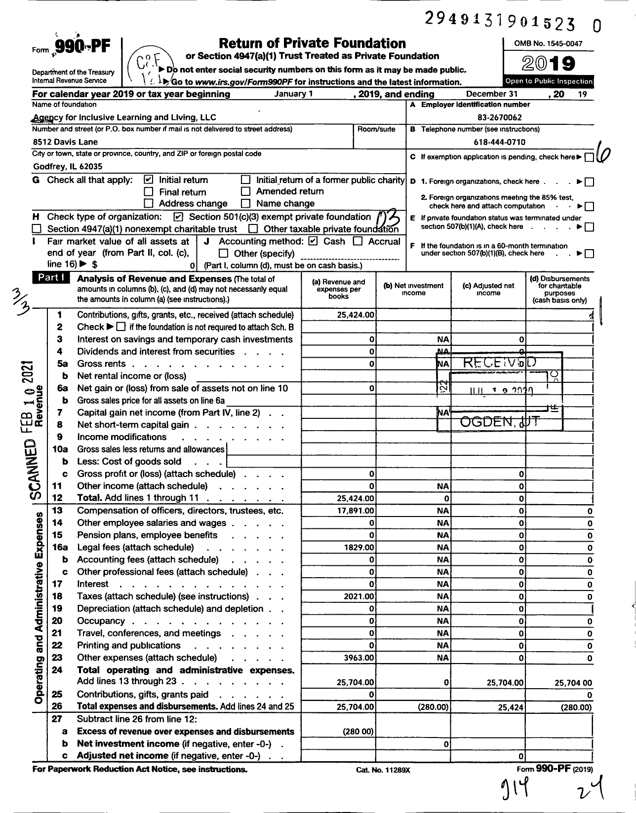 Image of first page of 2019 Form 990PF for Agency for Inclusive Learning and Living LLC