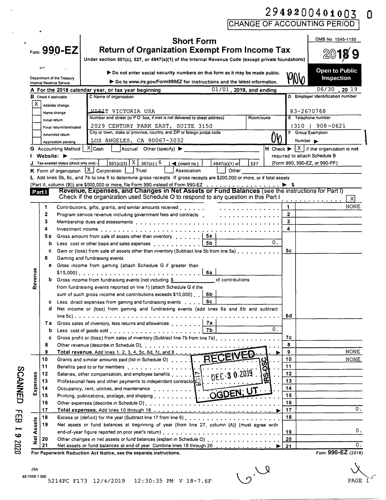 Image of first page of 2018 Form 990EO for Visit Victoria USA