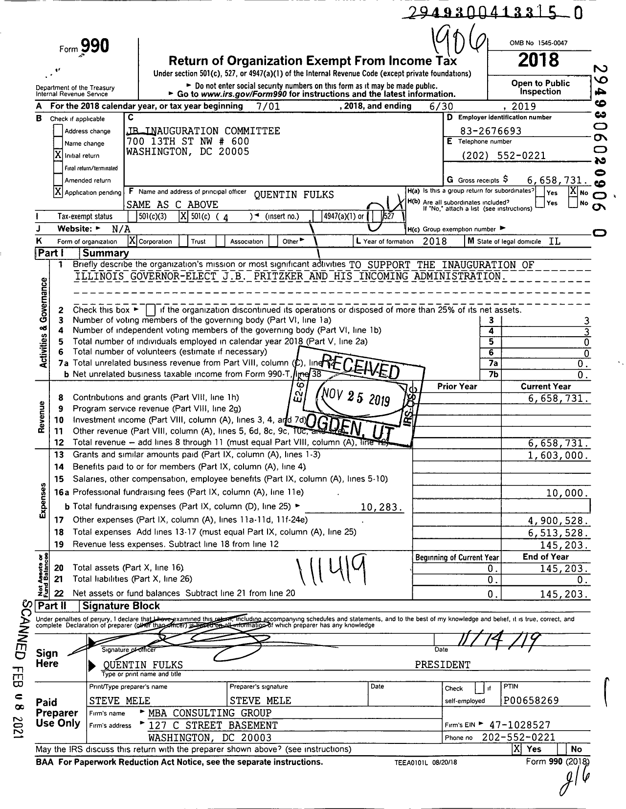 Image of first page of 2018 Form 990O for JB Inauguration Committee