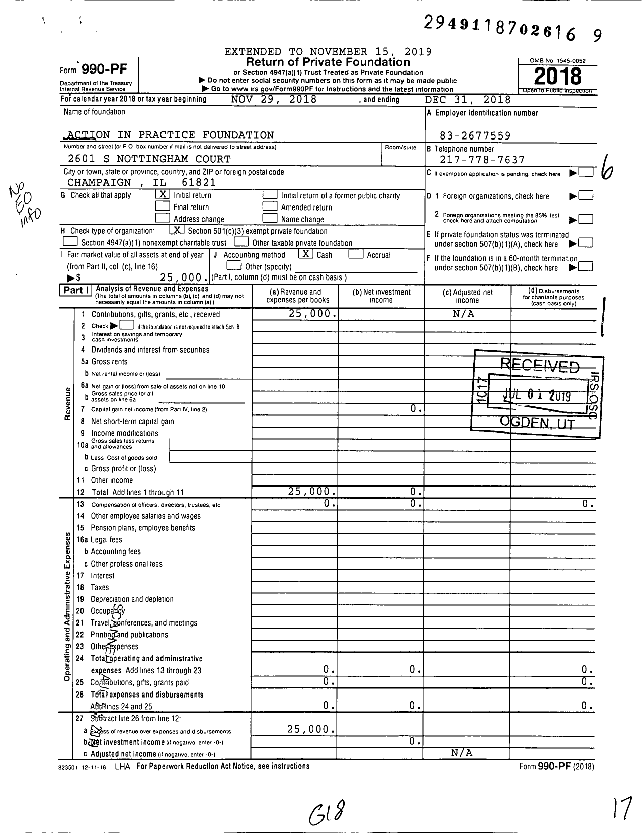 Image of first page of 2018 Form 990PF for Action in Practice Foundation